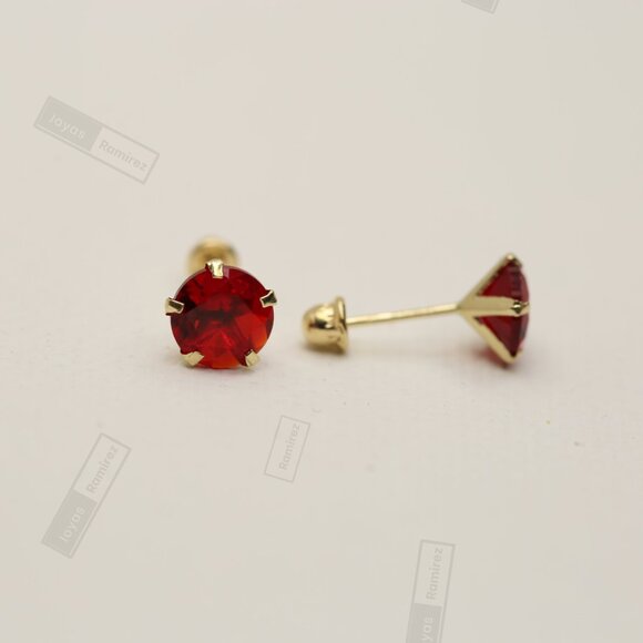 14K Solid Gold 6mm Ruby-Tone CZ Stud Earrings • Fine July Birthstone Jewelry. - Picture 6 of 6